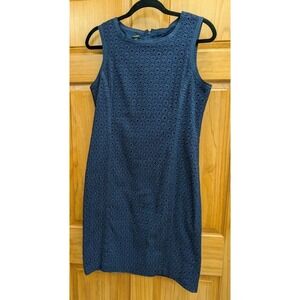 Talbots Women's Dress Size 8 Eyelet Fabric Fully Lined Navy Back Zipper Sheath
